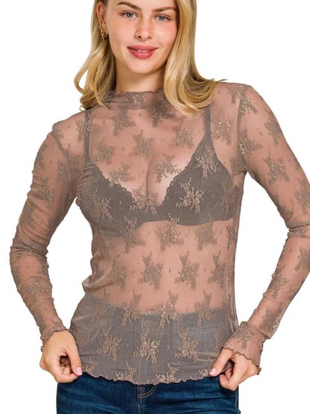Liberty Love Taupe Sheer Floral Lace Long-Sleeve Top